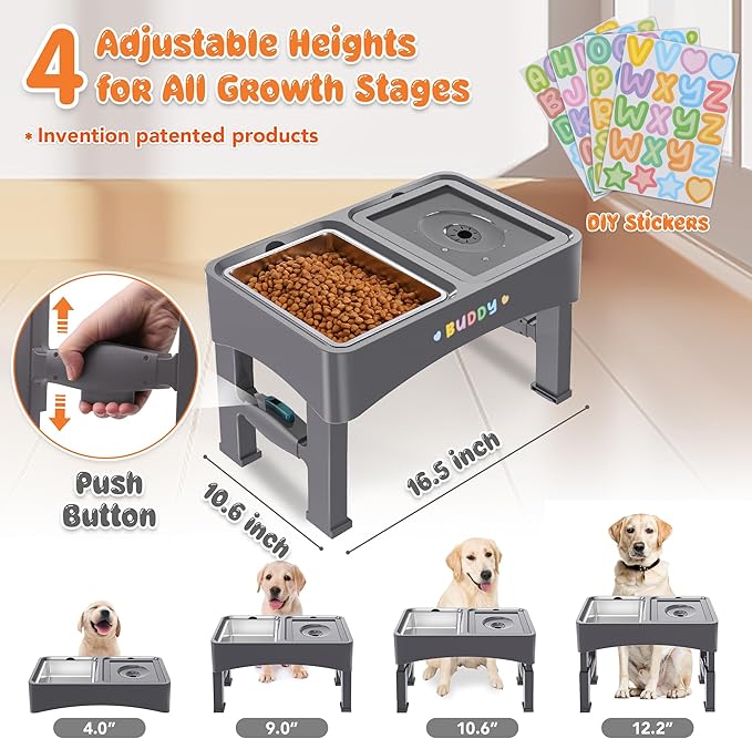 Decflow 2-in-1 Elevated Dog Bowls, 4 Height Adjustable Raised Dog Bowls with Stainless Steel Dog Food Bowls & No Spill Water Bowl, DIY Stickers Foldable Pet Bowl for Medium Large Dogs