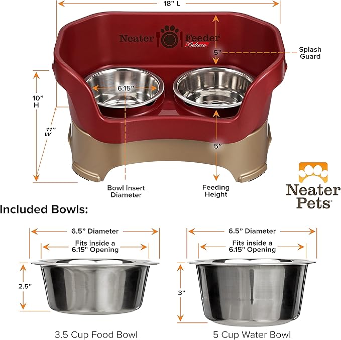 Neater Feeder Deluxe Mess Proof Dog Bowls Elevated Medium Sized Dog Breed – Made in USA – No Spill Raised Dog Food Bowl Stand – Stainless Steel Food and Water Bowl Set, Pet Feeding Station, Cranberry