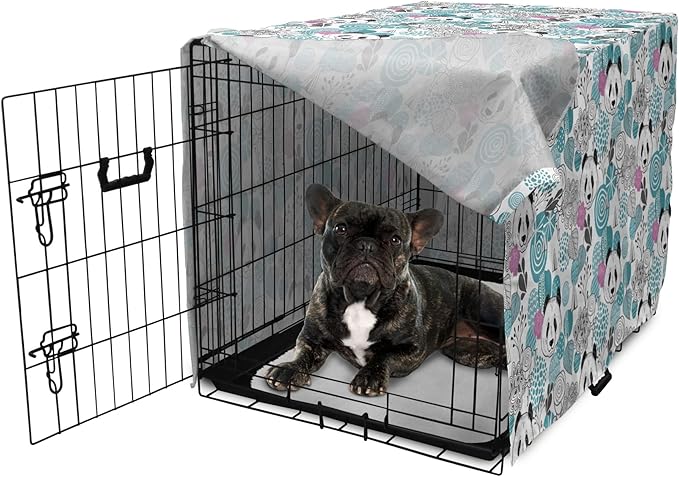 Lunarable Panda Dog Crate Cover, Portraits of Chinese Bears on Sketch Flowers and Abstract Circular Shapes, Easy to Use Pet Kennel Cover for Cats & Medium Dogs, 24 Inch, Slate Blue Pink Grey