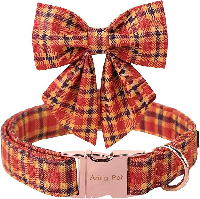 ARING PET Fall Dog Collar-Cotton Halloween Plaid Dog Collar with Bowtie, Adjustable Orange Halloween Dog Collars Pet Necklace with Metal Buckle for Girl&Boy Dogs