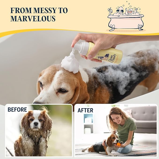 Clean and Floofy Waterless Dry Dog Shampoo with Glove – No Rinse Spray Foam, Anti-Itch, Odor Control, Moisturizing & Conditioning, Hydrating, Detangling, Sulfate-Free Pet Bath Wash for Dogs & Puppies