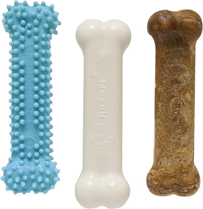 Nylabone Puppy Triple Pack - Blue Puppy Teething Toy, Nylon Dog Toy, & Chew Treat Variety Pack - Puppy Supplies - Chicken and Bacon Flavors, Small/Regular (3 Count)