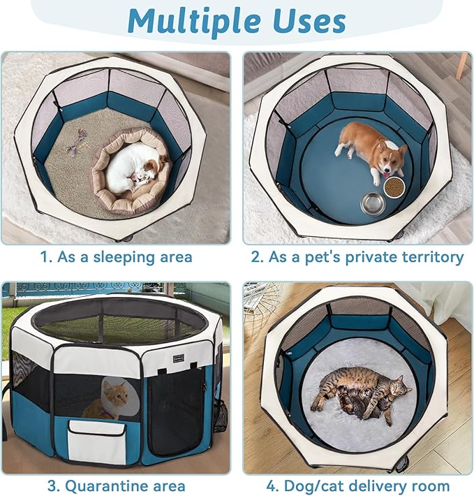 PETSFIT Portable Pet Playpen - 29" Dia, Indoor/Outdoor, For Cats, Puppies & Small Animals - Removable Zipper Mesh Top & Leakproof Bottom