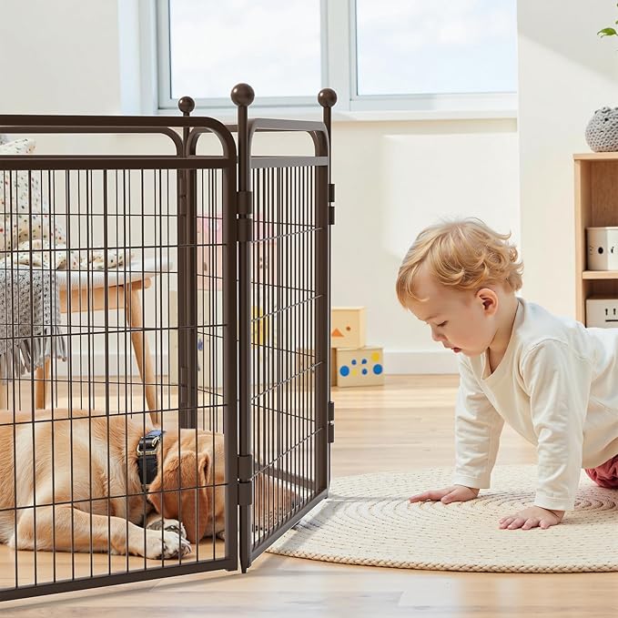 Gardner Pet Dog Playpens, 32" H 16 Panels Dog Pen Outdoor/Indoor Dog Fence Exercise Pen for Small/Medium/Large Dogs, Foldable Pet Play Yard Gate with Gravity Automatic Lock, Pet Playpen, Brown