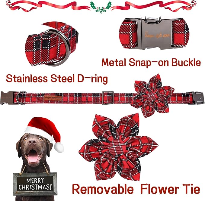 Unique style paws Christmas Dog Collar with Flower Tie Red Black Grid Cotton Collar Adjustable Puppy Plaid Collar for Small Medium Large Dogs-XS