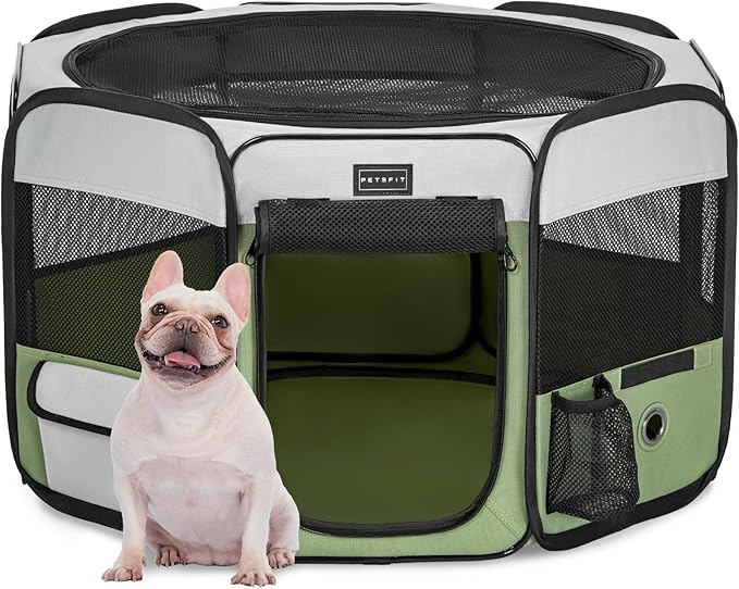 PETSFIT Portable Dog Playpen, 29" Dia Puppy Playpen with Zipper Removable Mesh Top Cover and Leakproof Playpen Bottom Mat-Cat Playpen Indoor/Outdoor for Cats,Dogs&Small Animals