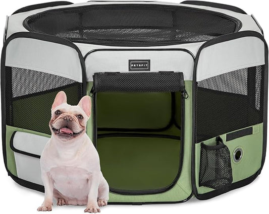 PETSFIT Portable Dog Playpen, 29" Dia Puppy Playpen with Zipper Removable Mesh Top Cover and Leakproof Playpen Bottom Mat-Cat Playpen Indoor/Outdoor for Cats,Dogs&Small Animals