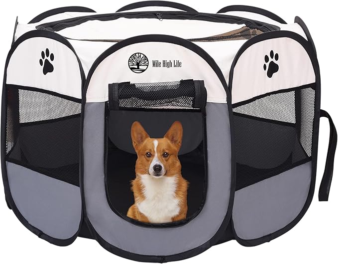 Mile High Life | Foldable Dog Playpen | Portable Dog Crate w Removable Shade Cover | Dog Kennel Indoor/Outdoor w Carry Case | Pen Tent for Dog/Cat/Rabbit(Gray, Medium (36"x36"x23"))