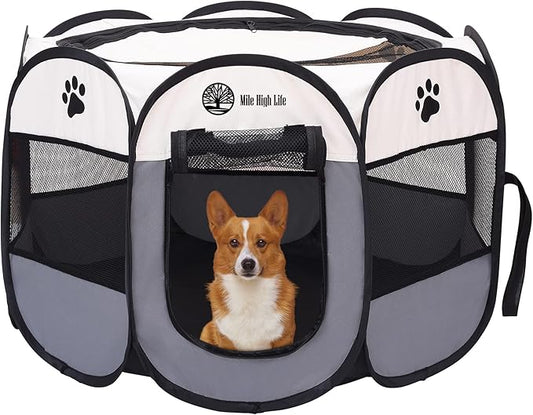 Mile High Life | Foldable Dog Playpen | Portable Dog Crate w Removable Shade Cover | Dog Kennel Indoor/Outdoor w Carry Case | Pen Tent for Dog/Cat/Rabbit(Gray, Medium (36"x36"x23"))