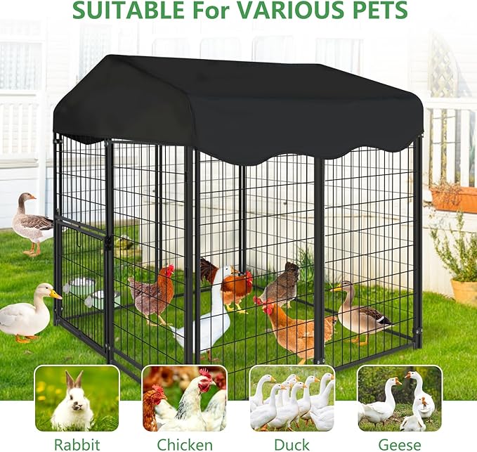Dog Kennel Outdoor with Waterproof Roof, 4'L x 4'W x 4.5'H Large Outdoor Kennel with Rotating Feeding Door, Bowls, Dog Cage for Outside Dog House Enclosure for Dogs, Cat, Rabbits