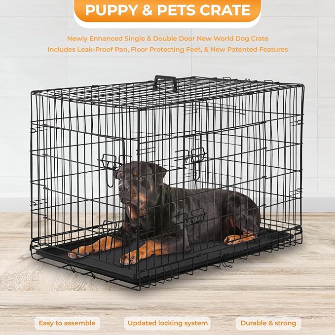 PayLessHere Large Dog Crate Kennel for Medium Large Dogs Metal Dog Cage Double-Door Folding Travel Indoor Outdoor Puppy Playpen with Divider and Handle Plastic Tray (48 Inch, Black)