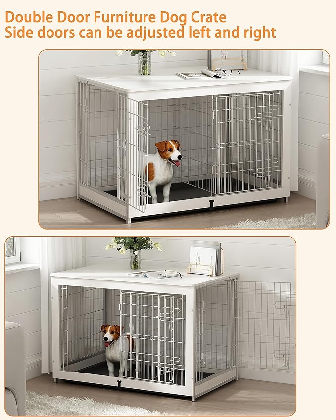 Piskyet Wooden Dog Crate Furniture with Divider Panel, Dog Crate End Table with Fixable Slide Tray, Double Doors Dog Kennel Indoor for Dogs(M:31.8" L*22.1" W*26.3" H,White)