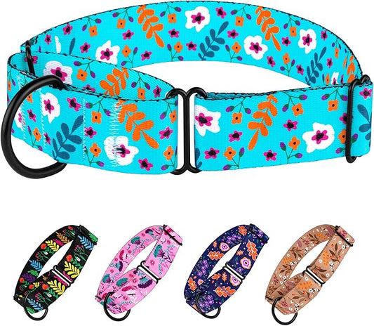 CollarDirect Martingale Collars for Dogs Heavy Duty Floral Pattern Female Safety Nylon Training Wide Collar Flower Design Large Medium (XL, Neck Size 19"-24", Aquamarine)