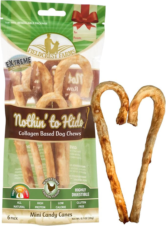 Fieldcrest Farms Nothin' to Hide Mini Holiday Candy Cane Chicken Flavor Dog Chews, Rawhide-Free, Easily Digestible, Long-Lasting, All-Natural Treats for Moderate Chewers up to 15lbs, 6-Ct