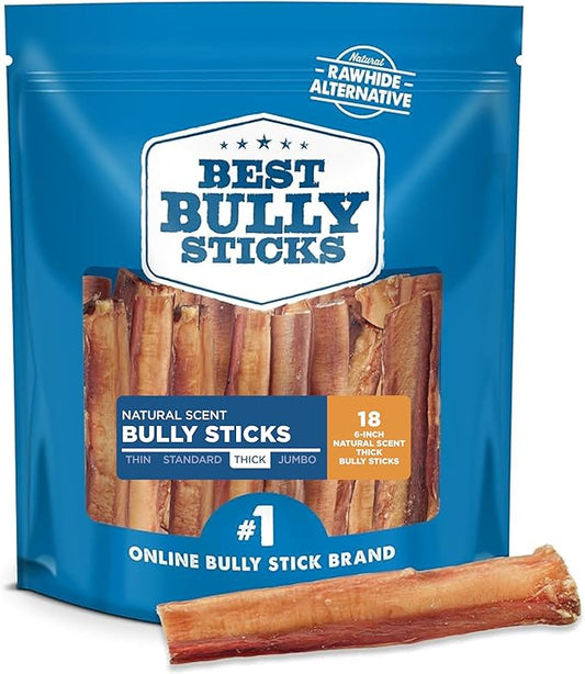 Best Bully Sticks All Natural 6 Inch Thick Bully Sticks for Large Dogs - 100% Free-Range Grass-Fed Beef - Single-Ingredient Grain & Rawhide Free Dog Chews - 18 Pack