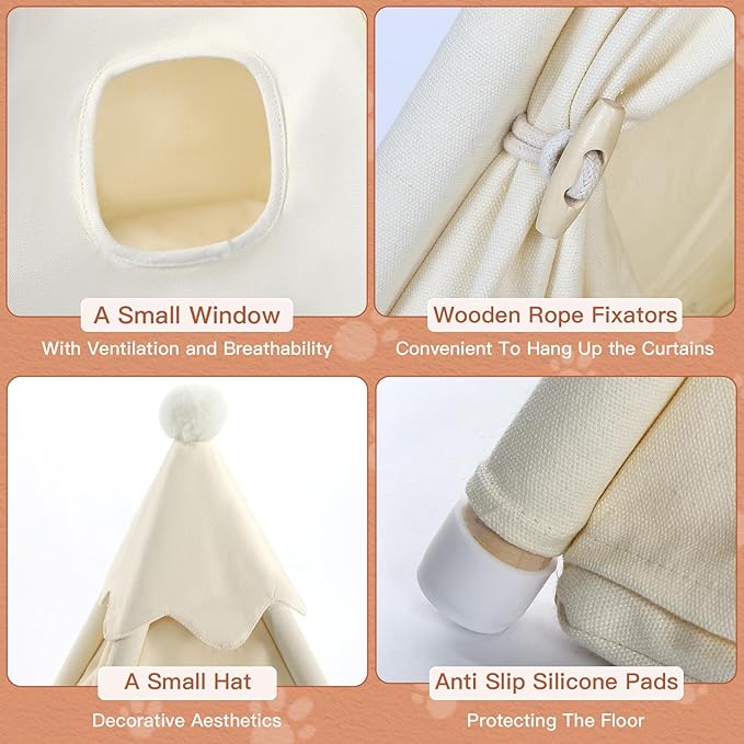 Pet Teepee Tent House for Large Cat & Small Dogs 20x20x20in, Small Dog House for Pugs, Large Cat House for Fat Cats, More Stable, Indoor, M for Pets Up to 20lbs, White