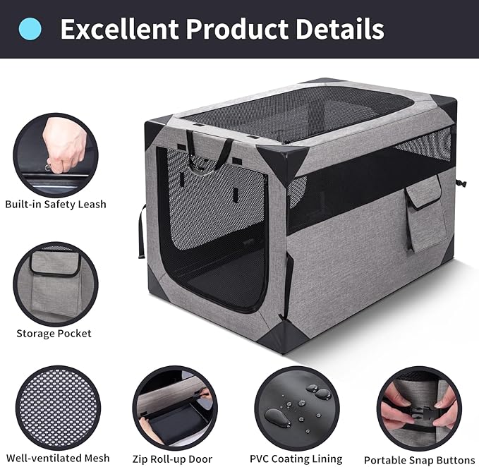 30 Inch Portable Travel Dog Crate, 3 Door Collapsible Soft Pet Kennel with Durable Mesh Windows for Medium Dogs, Foldable Dog Cage with Storage Pocket for Outdoor (Light Grey)