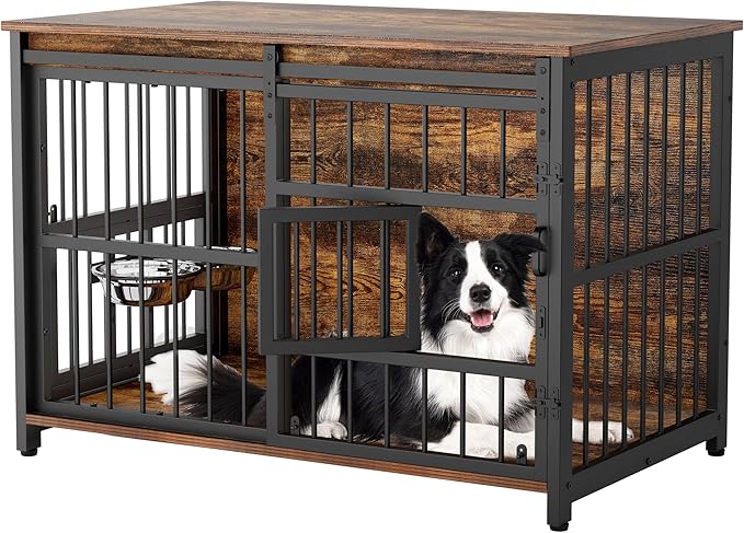 Dog Crate Furniture for Large Breed, Sliding Barn Door Dog Crate with Interactive Window for Anxiety Dogs, 360°Rotatable & Elevated Dogs Bowls, Wooden Dog Kennel Furniture, Dog Cage Furniture Indoor