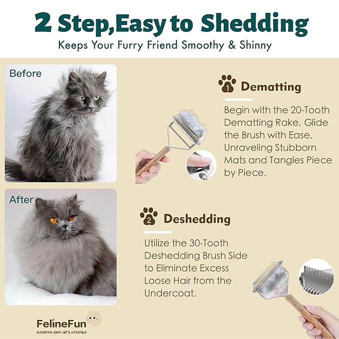 Cat Brush for Dematting & Deshedding, 2 in 1 Undercoat Rake, Efficiently Remove Loose Hair & Matted Fur, Professional Shedding Comb for Indoor Cats & Long Haired Cats