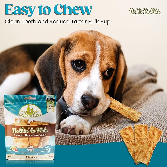 Fieldcrest Farms Nothin to Hide Flip Chips Dog Chews - Natural Rawhide Alternative Treats for Dogs, Collagen Based Snack for Moderate Chewers Up to 35lbs, Beef Flavor - 2 Packs (16 Chips)