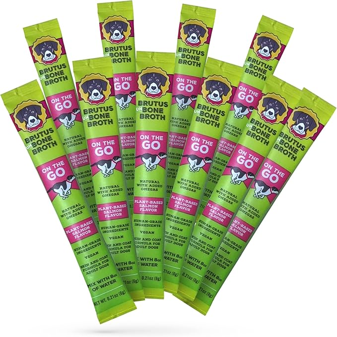 Brutus Broth Instant On The Go Vegetable Powder for Dogs - Vegetable Powder with Omegas 3, 6 & 9 & Turmeric - Human Grade Dog Food Toppers for Dry Food & Picky Eaters - 10 Stick (Salmon Flavor)