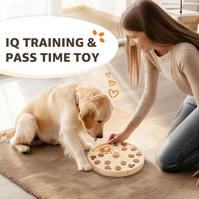 LOOBANI Dog Puzzle Toys Wooden - Slow Feeder Interactive Toys IQ Training for Small to Large Dogs -Pizza Pattern