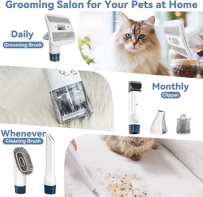 6-in-1 Pet Grooming Kit with Vacuum Brush | Low Noise Deshedding Tool, Dog Hair Clippers & Scissors | Shedding Control for Dogs Cats Clean up
