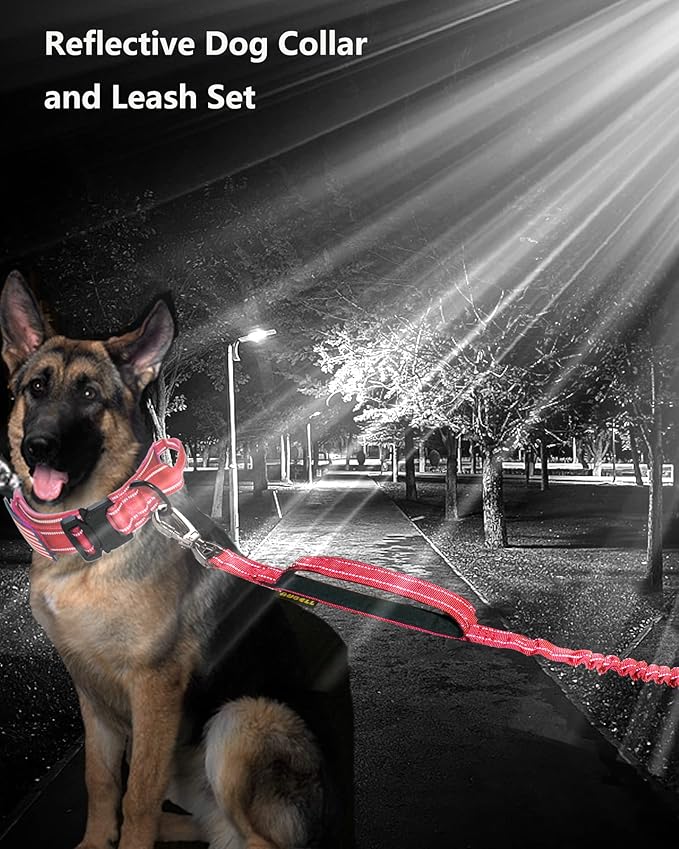 AUBELL Tactical Dog Collar and Leash Set, Adjustable Military Nylon Reflective Dog Leash and Collar with Handle and Heavy Metal Buckle for Medium Large Dogs, with Airtag Holder and 2 Patches (Red, M)