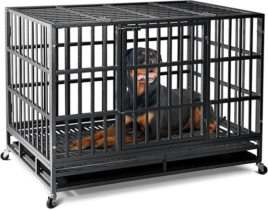 48 inch Heavy Duty Indestructible Dog Crate,2025 New Upgraded Reinforced Baseplate for Large Dogs,XL Dog Crate for High Anxiety Dogs/Max Load Capacity 220lbs/Double Door with Wheels