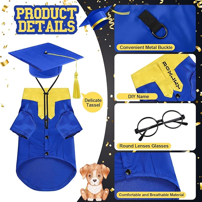 5 Pcs Dog Graduation Costume Set Include 2025 Pet Graduation Gown with Stole Puppy Grad Cap Lensless Glasses DIY Letter Stickers for Dogs Cats Holiday Costume Accessory(Blue Yellow,S)