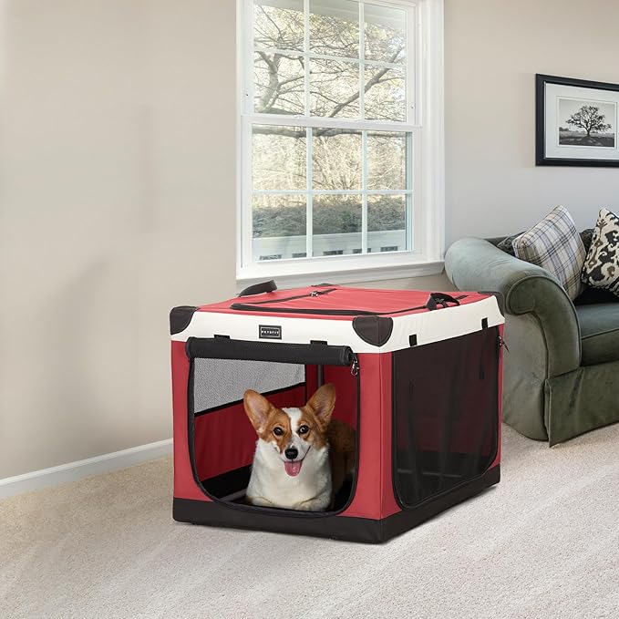 PETSFIT Soft Sided Dog Crate, with Patented Adjustable Fabric Cover, Chewproof & Lockable Mesh Doors, Waterproof Base Collapsible Kennel Red 30 Inch