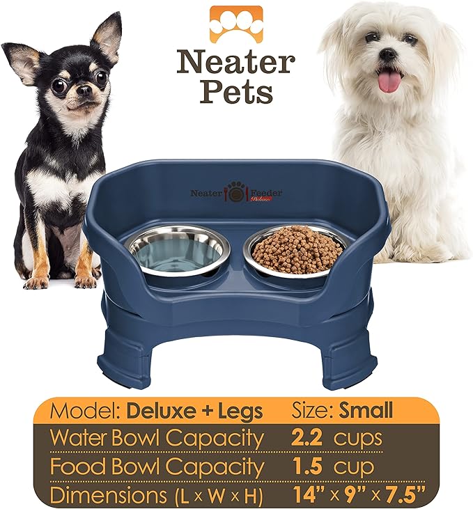 Neater Feeder Deluxe Mess Proof Dog Bowls Elevated for Small Breeds – Made in USA – No Spill Raised Dog Food Bowl Stand w/Leg Extensions – Stainless Steel Dog Food and Water Bowl Set – Dark Blue