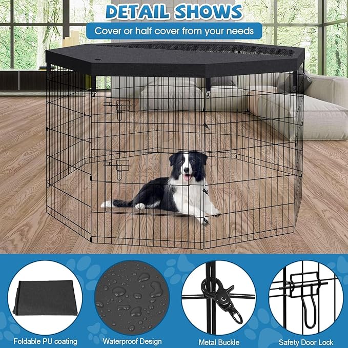 Pet Playpen Dog Pen Foldable Dog Exercise Fence 8 Panels 36 Inch Kennels Pet Playpen Options Ideal for Pet Medium Animals Outdoor Indoor (Playpen with Top Cover)