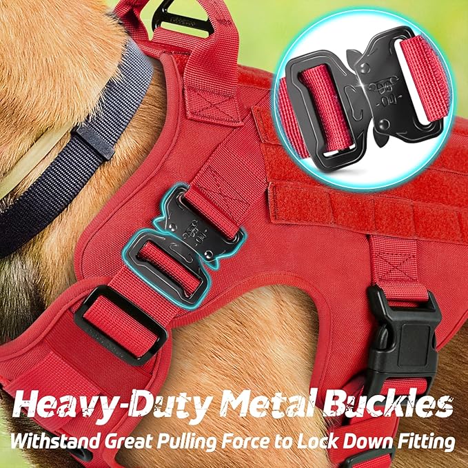 rabbitgoo Tactical Dog Harness for Large Dogs, Heavy Duty Dog Harness with Handle, No-Pull Service Dog Vest Large Breed, Adjustable Military Dog Vest Harness for Training Hunting Walking, Red, S