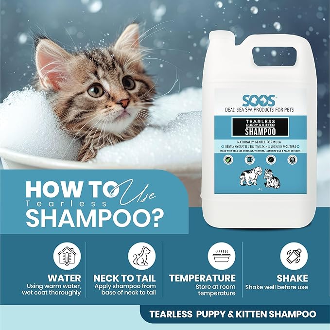 Soos Pets Pet Shampoo Natural Dead Sea Tear-Less Fast Absorbing with Vitamins Minerals Essential Oils Natural Elements for Puppy and Kitten - 1x Pet Shampoo (4L / 1.32 gal)