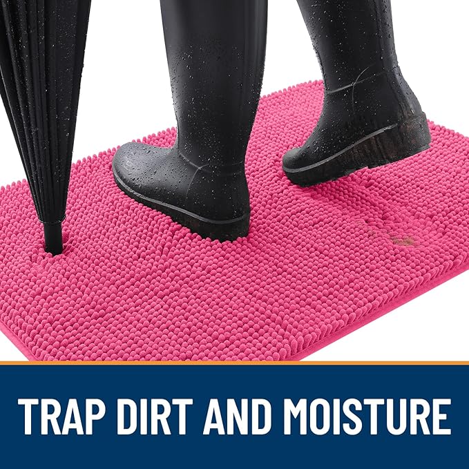 OLANLY Dog Door Mat for Muddy Paws 24x16, Absorbs Moisture and Dirt, Absorbent Non-Slip Washable Mat, Quick Dry Chenille, Mud Mat for Dogs, Entry Indoor Door Mat for Inside Floor, Hot Pink