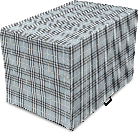 Lunarable Plaid Dog Crate Cover, Traditional Vintage Pattern with Modern Look Checkered Pastel Colored, Easy to Use Pet Kennel Cover for Medium Large Dogs, 36 Inch, Pale Blue Dimgray Cream