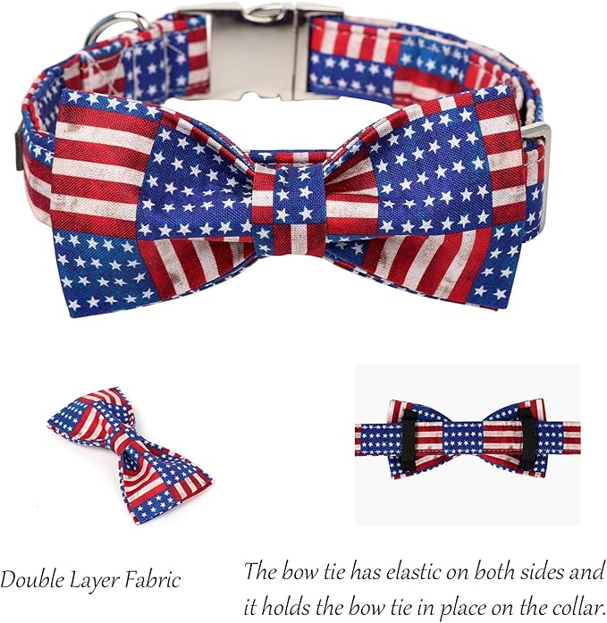 Lionet Paws Patriotic Dog Collar with Bowtie, 4th of July, Soft and Comfortable Adjustable American Flag Bowtie Collar for Dogs Male Female Gift, Medium, Neck 13.5-22 inches