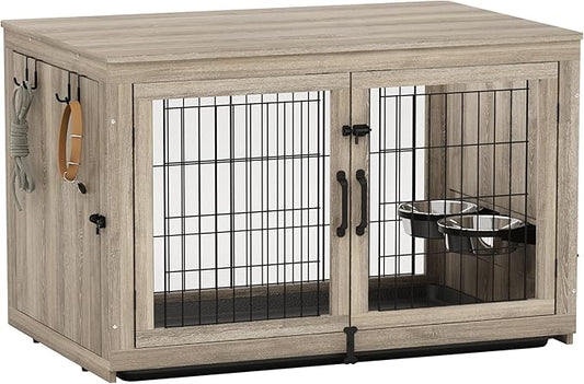 Piskyet Wooden Dog Crate Furniture with 360°Rotatable Removable Dog Bowls, Dog Crate End Table with Tray, Double Doors Dog Kennels for Dogs(XL:43.2" L*28.6" W*30.3" H, Gray)