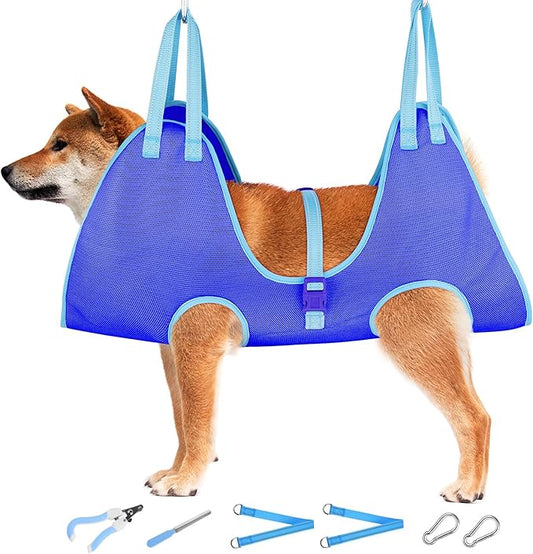Dog Grooming Hammock - Dog Hanging Harness Holder, Cat Hanger Sling Restraint Bag for Nail Trimming/Clipping with Nail Clipper& Nail File (M, Blue)