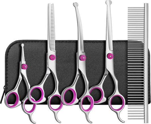 Maxshop Dog Grooming Scissors - 5 Pack Professional Titanium Stainless Steel Dog Scissors Kit Hair Cutting Thinning Shears for Dogs and Cats Heavy Duty Pet Grooming Scissors Set (Pink Set of 5)