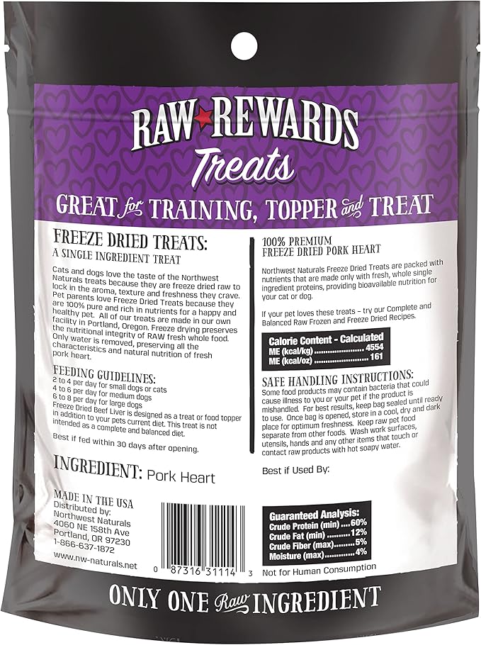 Northwest Naturals Raw Rewards Freeze-Dried Pork Heart Treats for Dogs and Cats - Bite-Sized Pieces - Healthy, 1 Ingredient, Human Grade Pet Food, All Natural - 3 Oz