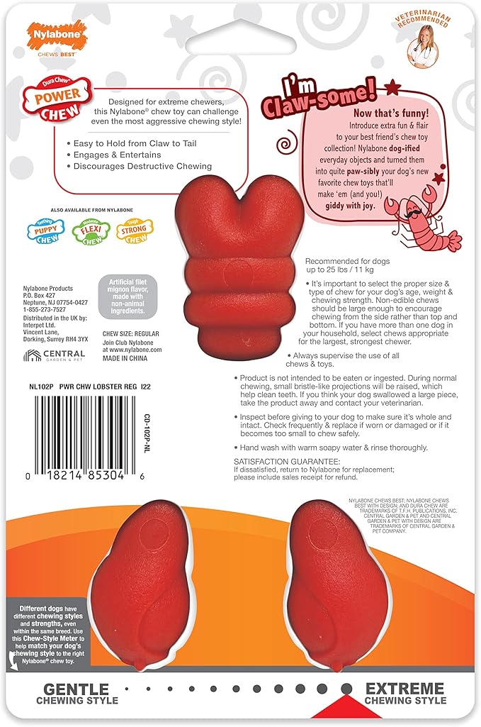 Nylabone Power Chew Lobster Dog Chew Toy, Cute Dog Toys for Aggressive Chewers, Filet Mignon Flavor, Small/Regular (1 Count)