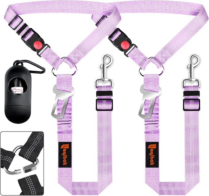 Removable Dog Seat Belts Harness for Car, 3 in 1 Pet Dog Car Seatbelt Leash, laqibak Restraint Secures to Headrest and Reflective Effect Adjustable Bungee Dog Seatbelt Tether, 2PCS and Poop Bag Holder