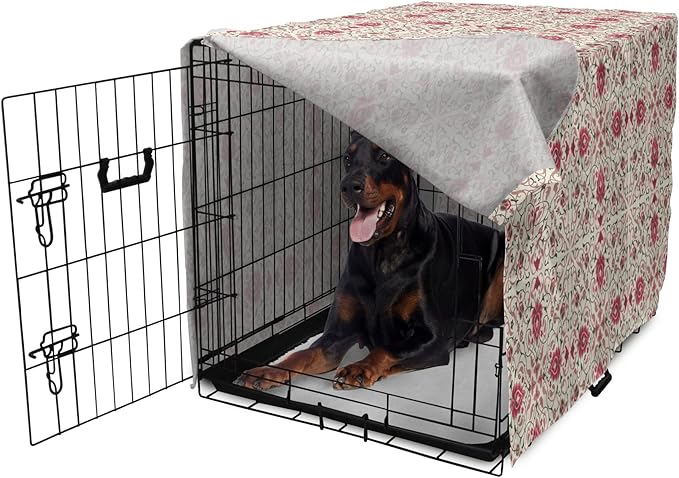 Lunarable Traditional Dog Crate Cover, Lotus Motif with Petals Swirled Stalks and Leaves, Easy to Use Pet Kennel Cover for Medium Large Dogs, 42 Inch, Champagne Dried Rose