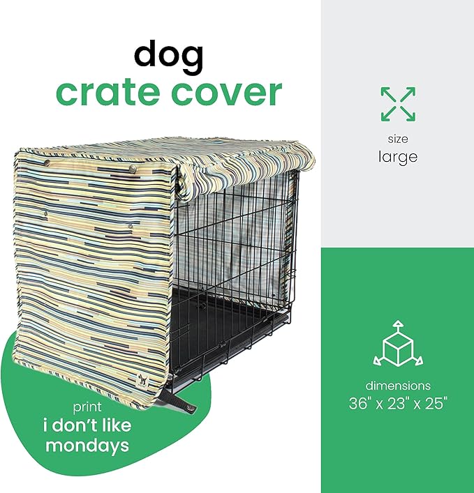 Molly Mutt I Don't Like Mondays Dog Crate Cover, 100% Cotton Canvas Cover with 2 Roll-Up Panels, Ideal for Dog or Cat Crate, Durable, Washable, and Free of Harmful Chemicals, 36" x 23" x 25"
