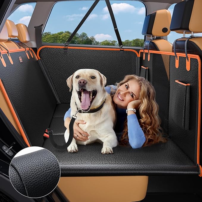Back Seat Extender for Dogs, Dog Car Seat Cover for Back Seat Hard Bottom Holds 400LBS, Backseat Dog Cover Bed PU Leather-Waterproof Anti-Scratch, Dog Hammock for Car SUV Protector with Dog Seat Belt