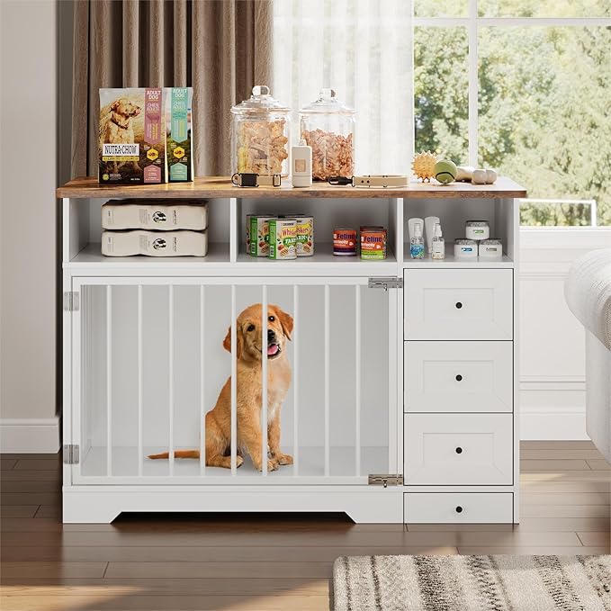 Dog Crate Furniture for Small Dogs, Wooden Dog Kennel Indoor with Storage Shelves, 3 Drawers & Hidden Bowl, Modern Pet Cage Side End Table, up to 120 lb, 48" L, Steel Lock, White