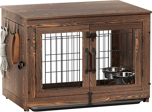 Piskyet Wooden Dog Crate Furniture with 360°Rotatable Removable Dog Bowls, Dog Crate End Table with Tray, Double Doors Dog Kennels for Dogs(M:31.8" L*22.1" W*24.1" H, Rustic Style)
