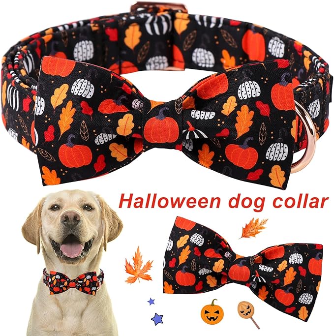 ARING PET Halloween Dog Collar-Cotton Black Pumpkin Dog Collar with Bow, Adjustable Fall Leaves Bowtie Dog Collars Pet Necklace with Metal Buckle for Girl&Boy Dogs